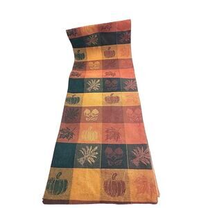 Table Runner Autumn Leaves Pumpkins Check Festive Thanksgiving Linens 70"x13"